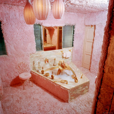 Sex Symbol Actress Jayne Mansfield Taking a Bath in the Garish Pink Shag Carpet covered bathroom