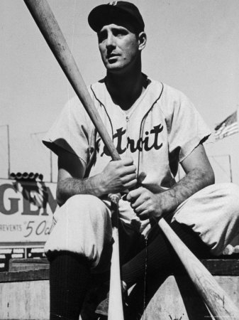 Detroit Baseball Player Hank Greenberg Seated, Holding Bats